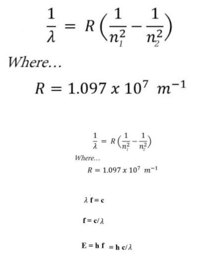 R
² (21/17 - 17/12)
(?)
R = 1.097 x 107 m -1
-^(---)
R 1.097 x 107 m-1
?f=c
[= c/?
E=hf=hc/?
Where...
=
Where...