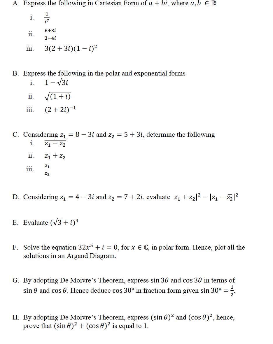 Solved A. Express the following in Cartesian Form of a + bi