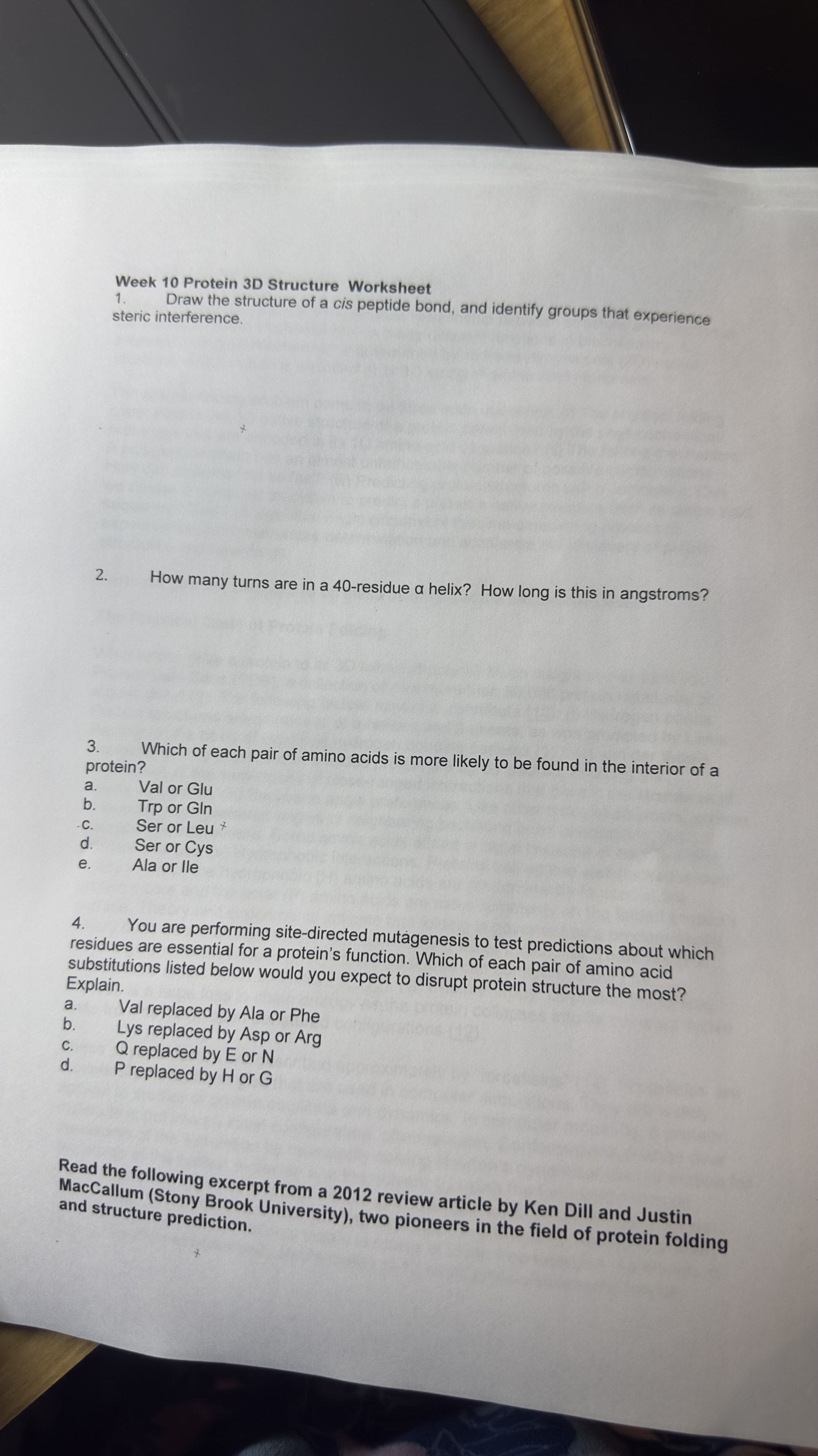 Week 10 Protein 3D Structure Worksheet 1. Draw the | Chegg.com