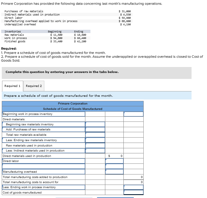 Solved Primare Corporation has provided the following data | Chegg.com