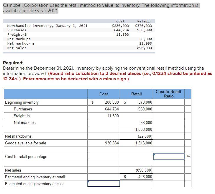 Solved Campbell Corporation uses the retail method to value | Chegg.com