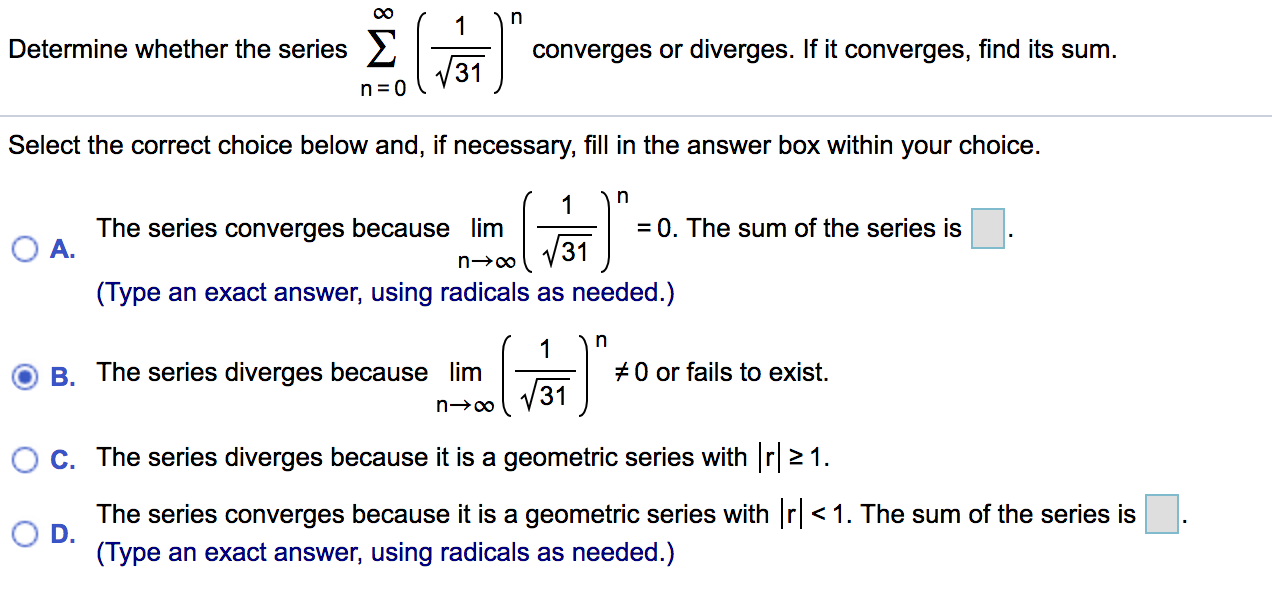 Solved n Determine whether the series converges or diverges. | Chegg.com