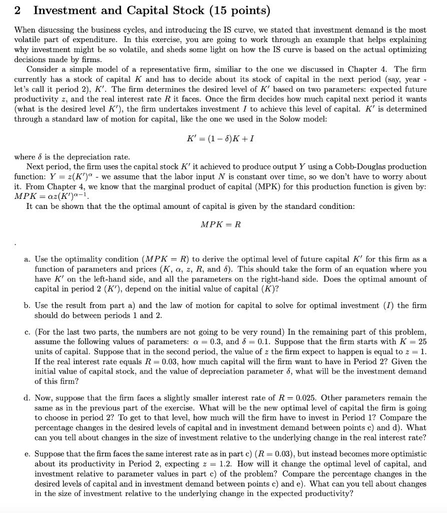 2 Investment and Capital Stock (15 points) When | Chegg.com