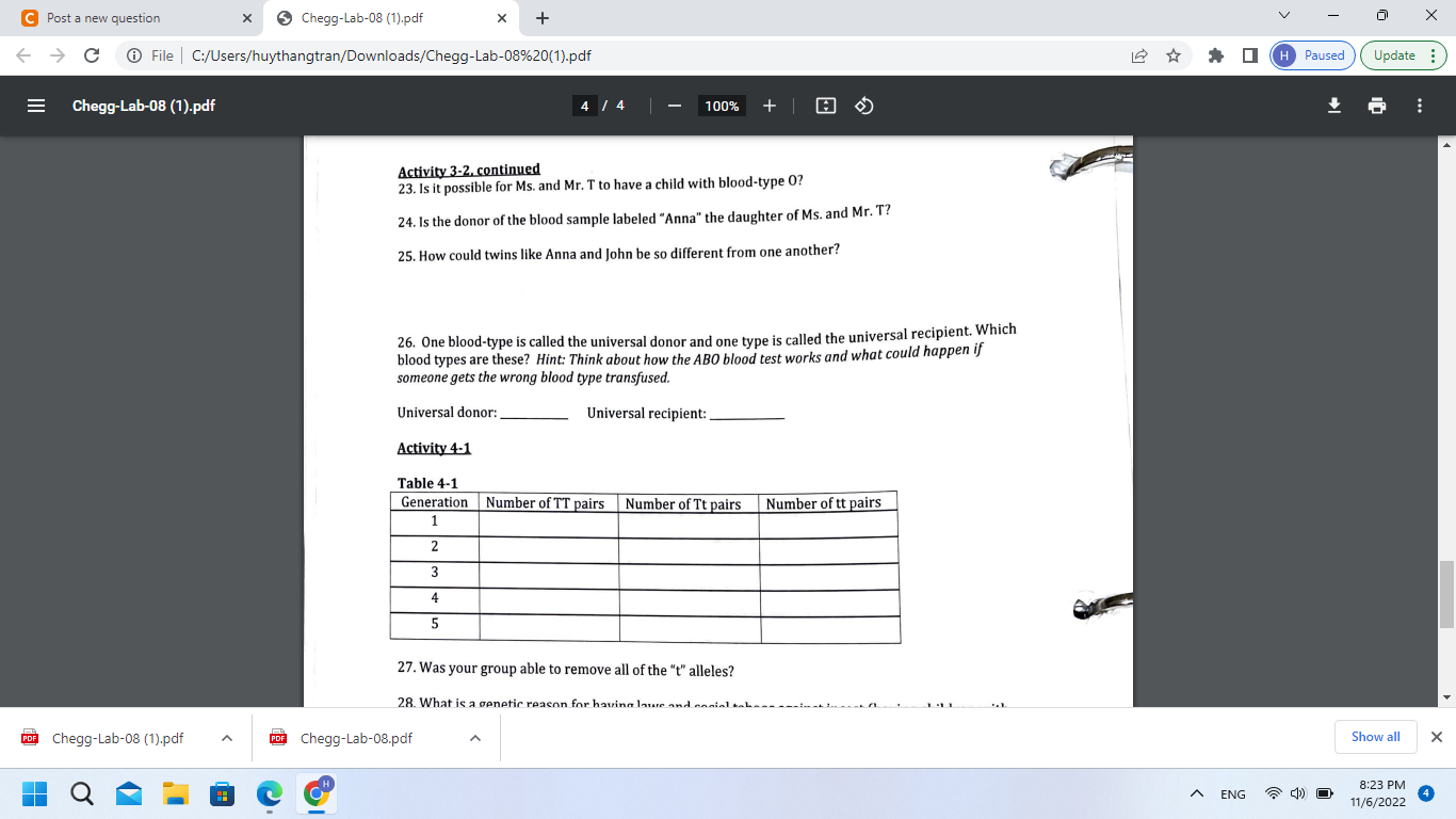 Activity 3-2. continued
23. Is it possible for Ms. and Mr. T to have a child with blood-type 0 ?
24. Is the donor of the bloo