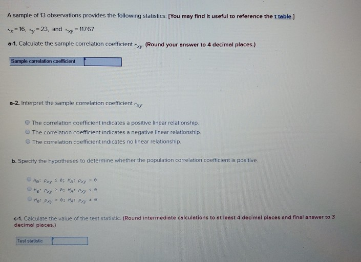 Solved A sample of 13 observations provides the following | Chegg.com