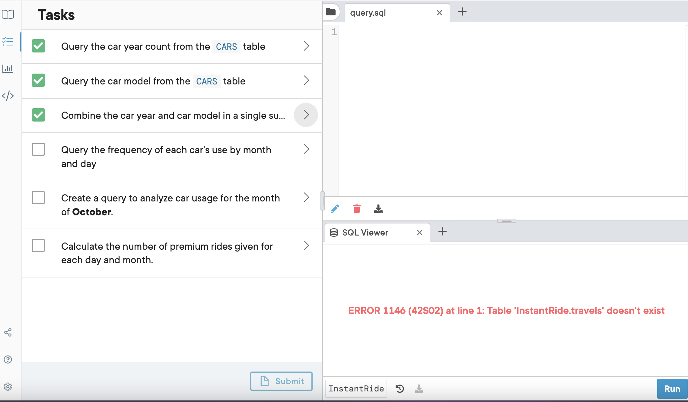 Solved [1] Tasks query.sql x+ 1 Query the car model from the | Chegg.com