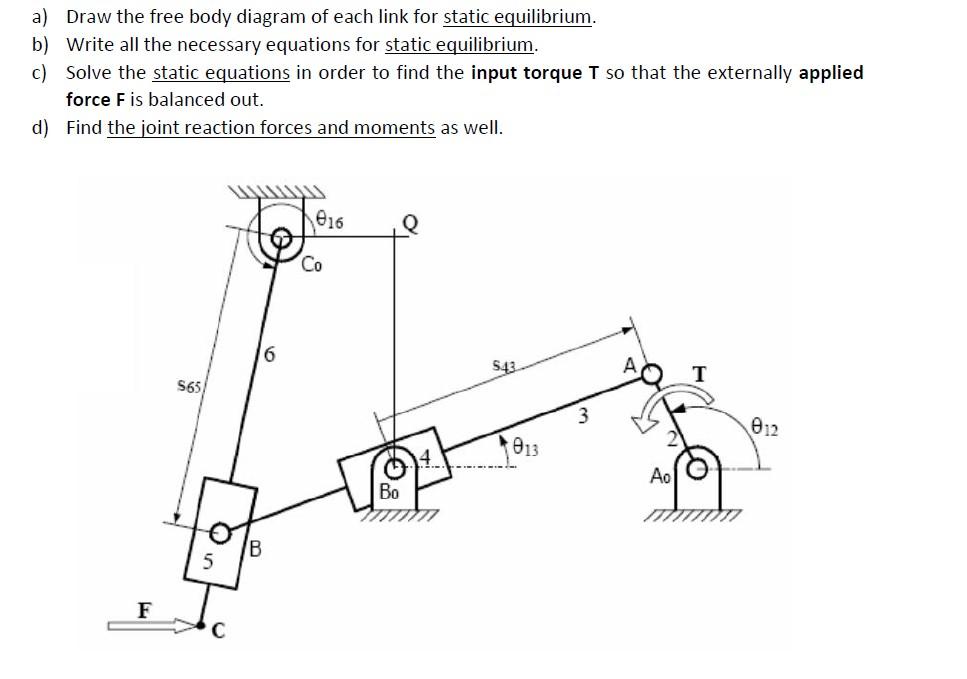 a) Draw the free body diagram of each link for static