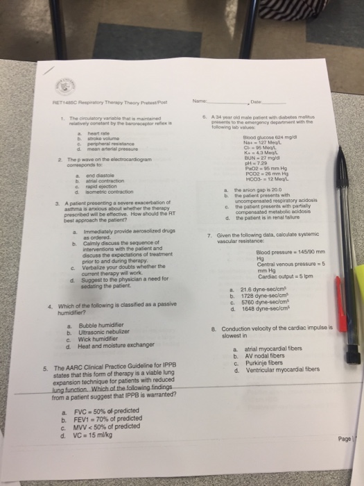 Solved RET1485C Respiratory Therapy Thecry Pretest/Post 9. | Chegg.com