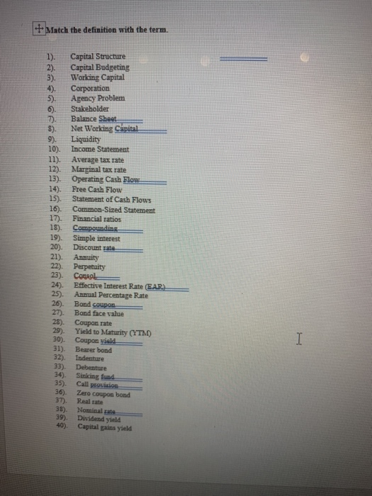 Solved Match the definition with the term. 1). Capital