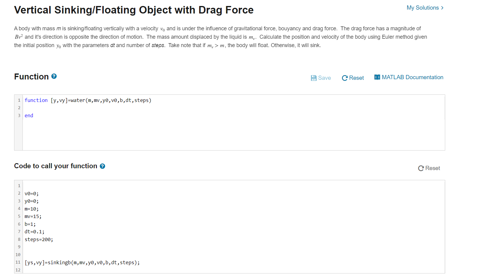 Vertical Sinking/Floating Object with Drag Force My | Chegg.com