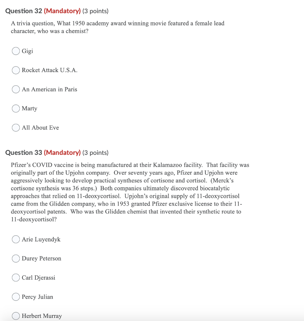 Solved Question 32 Mandatory 3 Points A Trivia Question Chegg Com