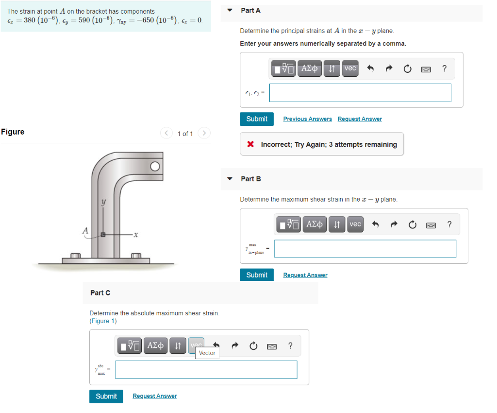 Solved Part A The Strain At Point A On The Bracket Has | Chegg.com