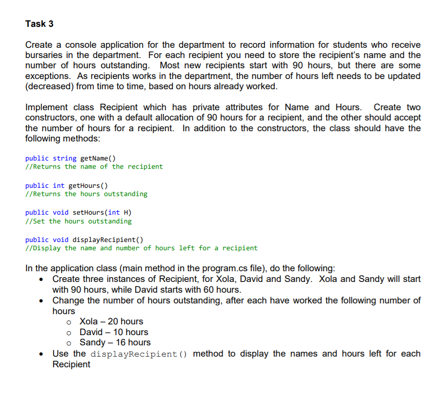 Solved Task 3 Create a console application for the | Chegg.com