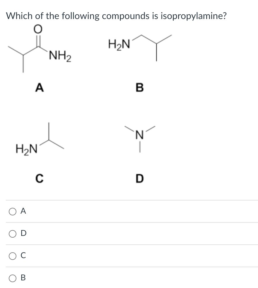 Which of the following compounds is isopropylamine?
A B
C
D
D