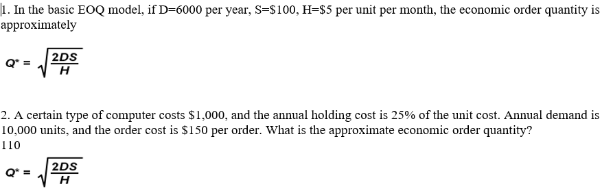 Solved 1 In The Basic Eoq Model If D 6000 Per Year S Chegg Com