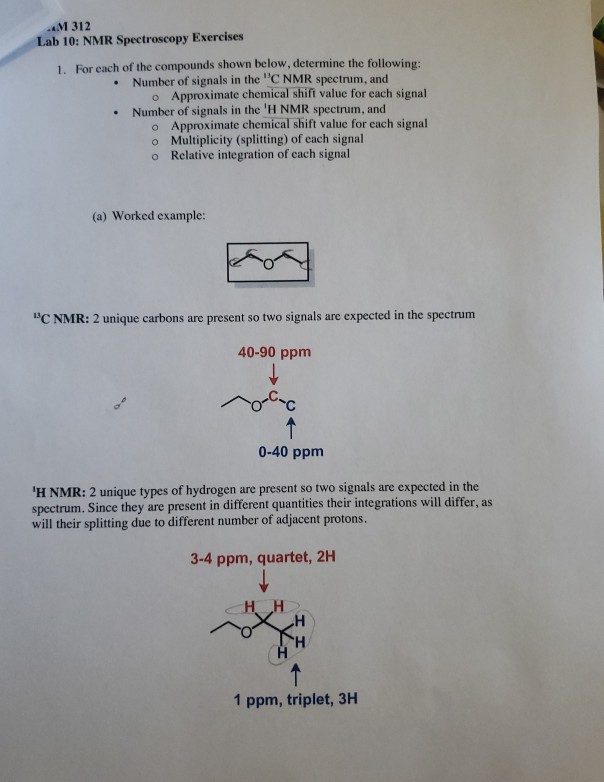 Solved M 312 Lab 10 NMR Spectroscopy Exercises 1. For each