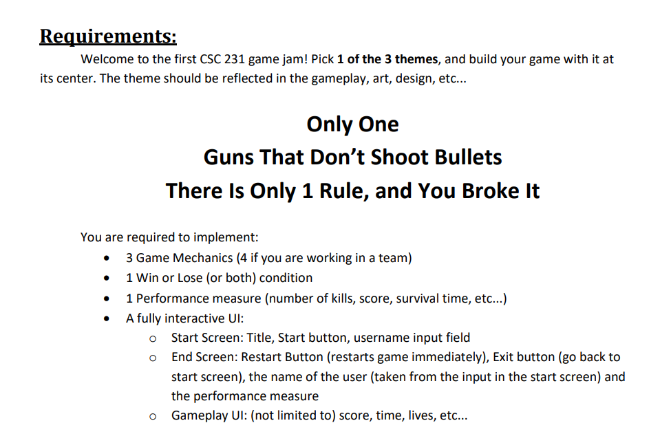 Requirements Welcome To The First Csc 231 Game Jam Chegg Com