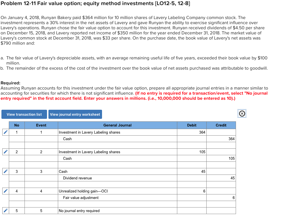 Solved Problem 12-11 Fair value option; equity method | Chegg.com