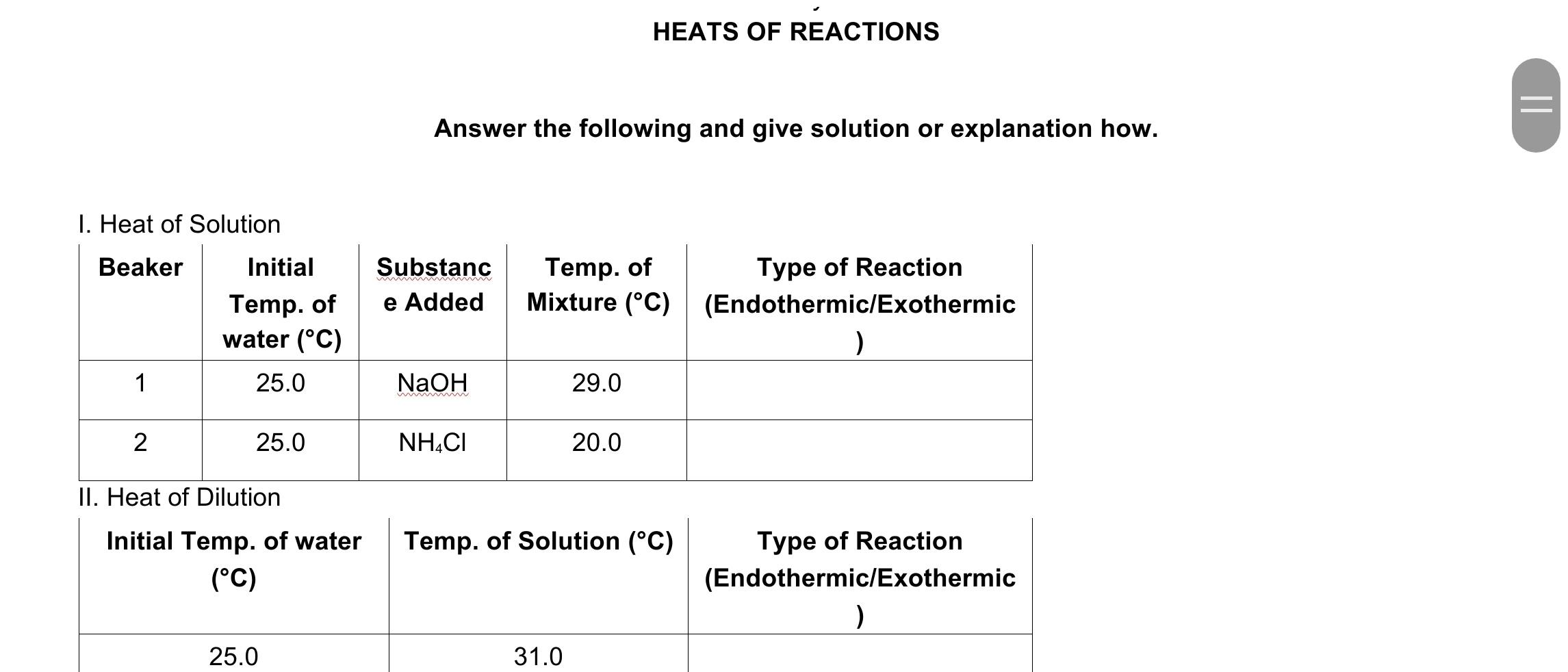 Solved HEATS OF REACTIONS II Answer the following and give