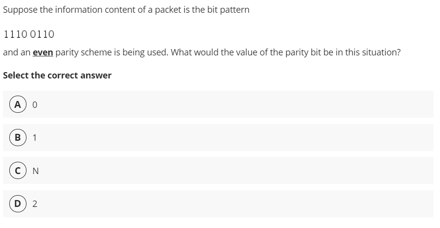 Suppose the information content of a packet is the bit pattern 1110 0110 and an even parity scheme is being used. What would
