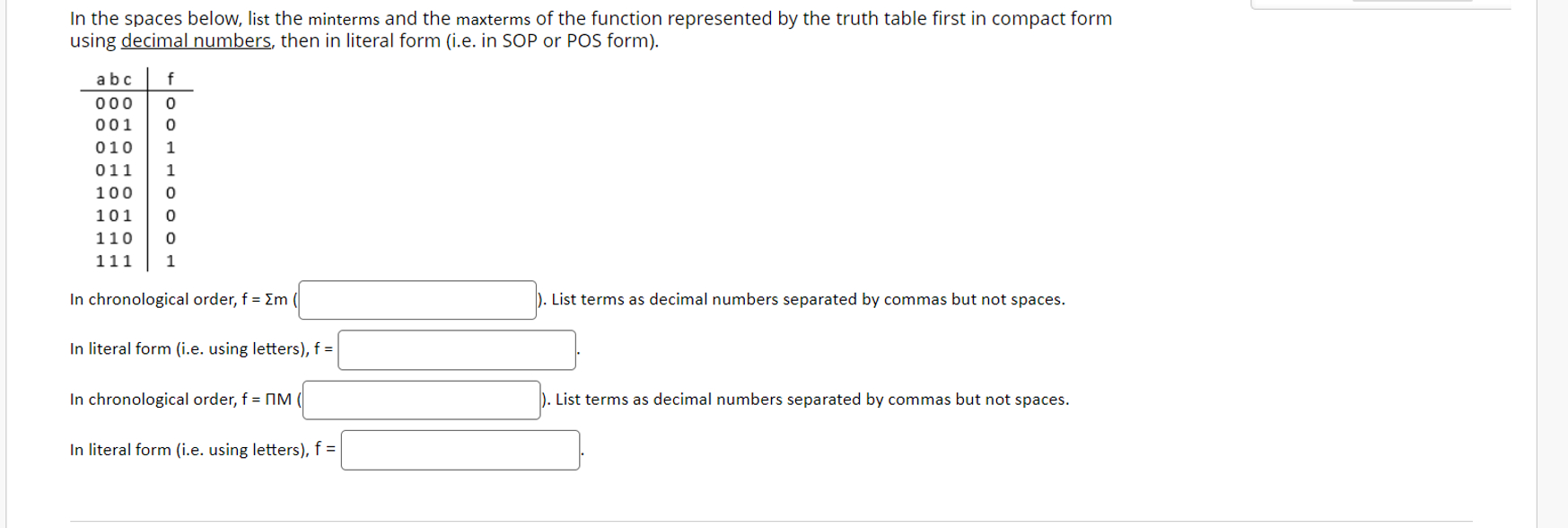 Compact Terms Table Solved In the spaces below, list the minterms and the | Chegg.com