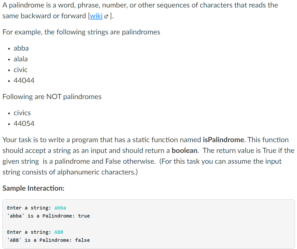 Solved A palindrome is a word, phrase, number, or other | Chegg.com