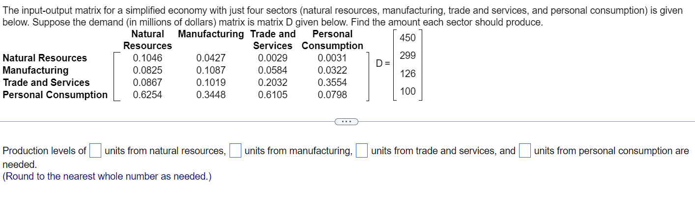 The input-output matrix for a simplified economy with | Chegg.com