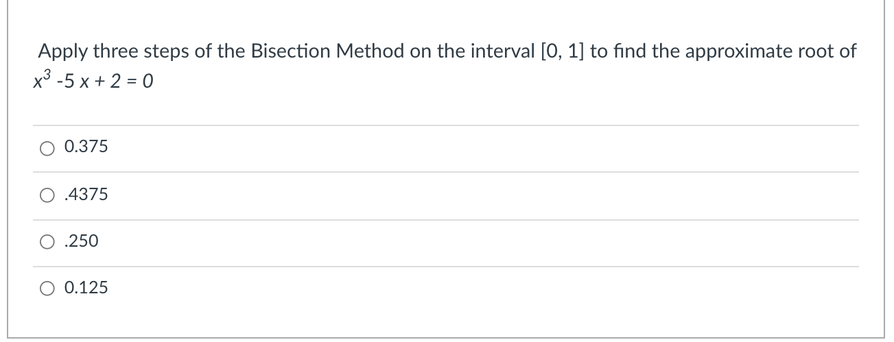 Solved Apply three steps of the Bisection Method on the | Chegg.com