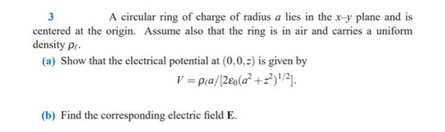 Solved 3 A circular ring of charge of radius a lies in the | Chegg.com