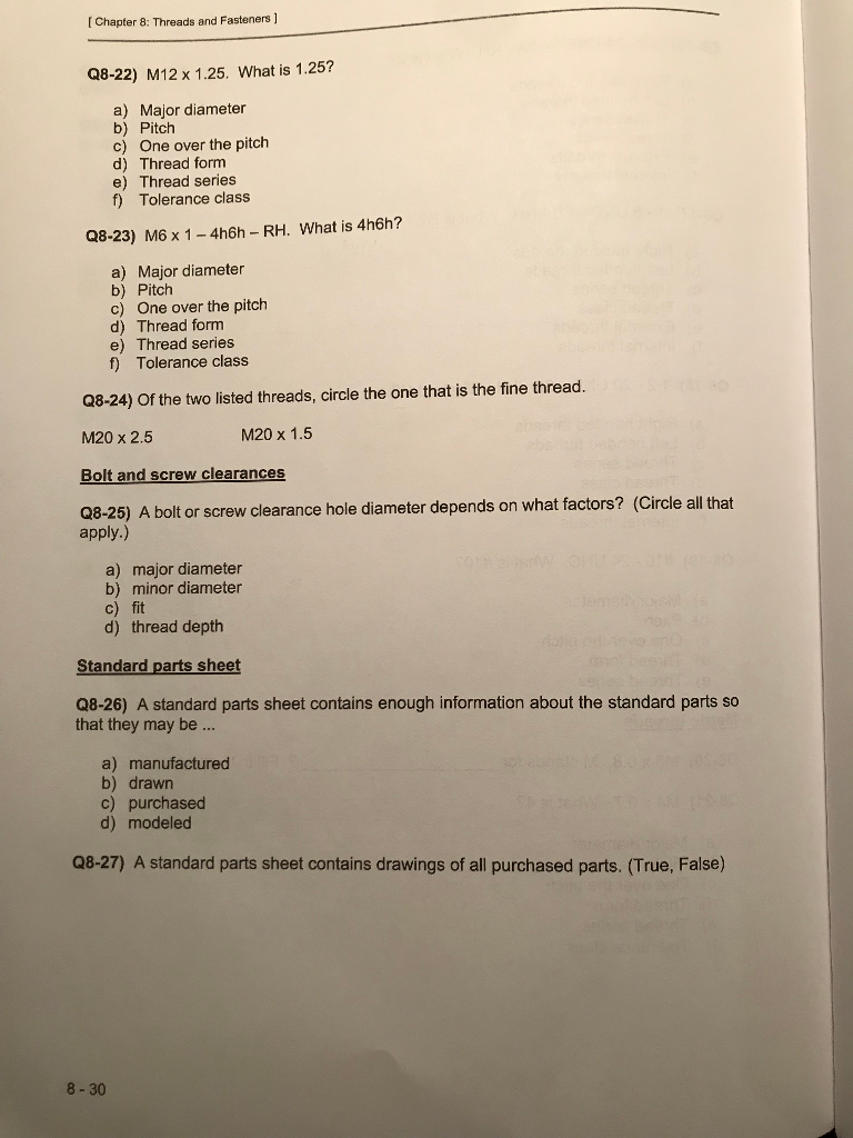 Solved Chapter 8: Threads And Fasteners] Fill In The Q8-9) 