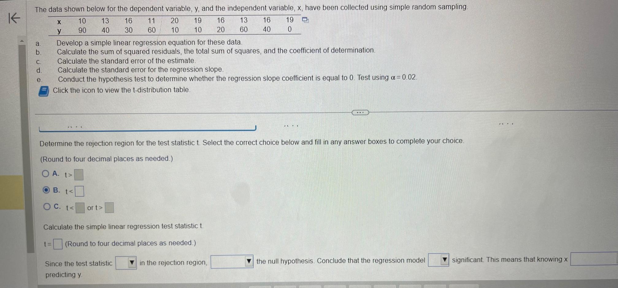 a. Develop a simple linear regression equation for these data.
b. Calculate the sum of squared residuals, the total sum of sq