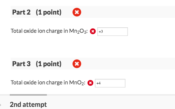 Solved Part 2 (1 point) Total oxide ion charge in Mn203: % | Chegg.com