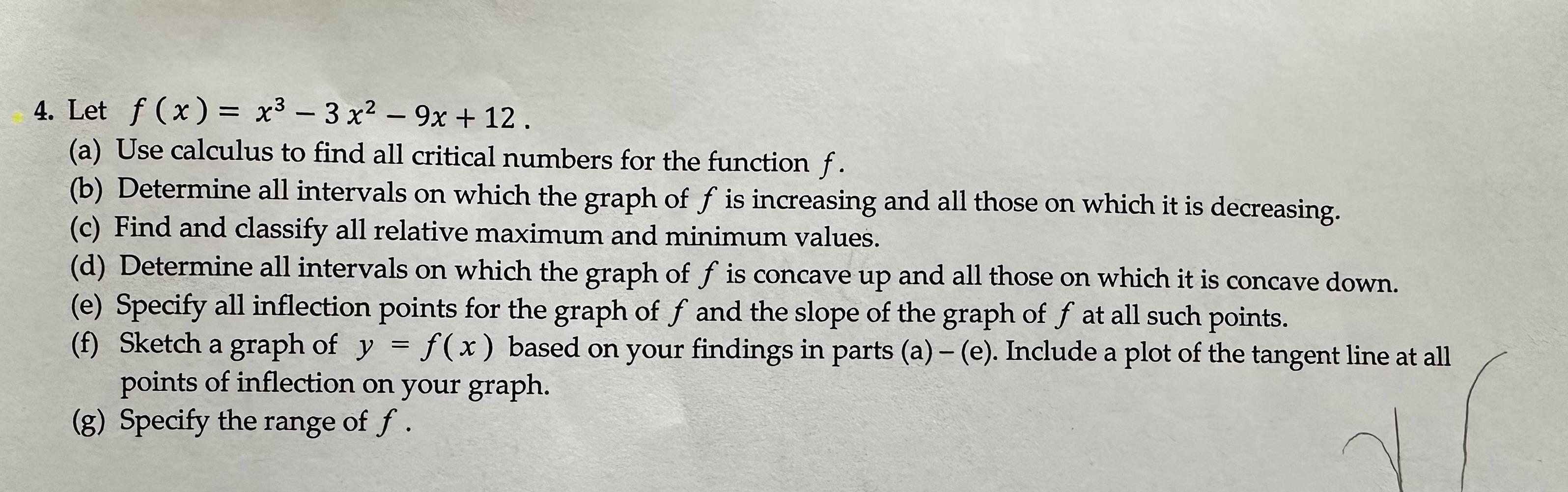 Solved 4 Let F X X3−3x2−9x 12 A Use Calculus To Find