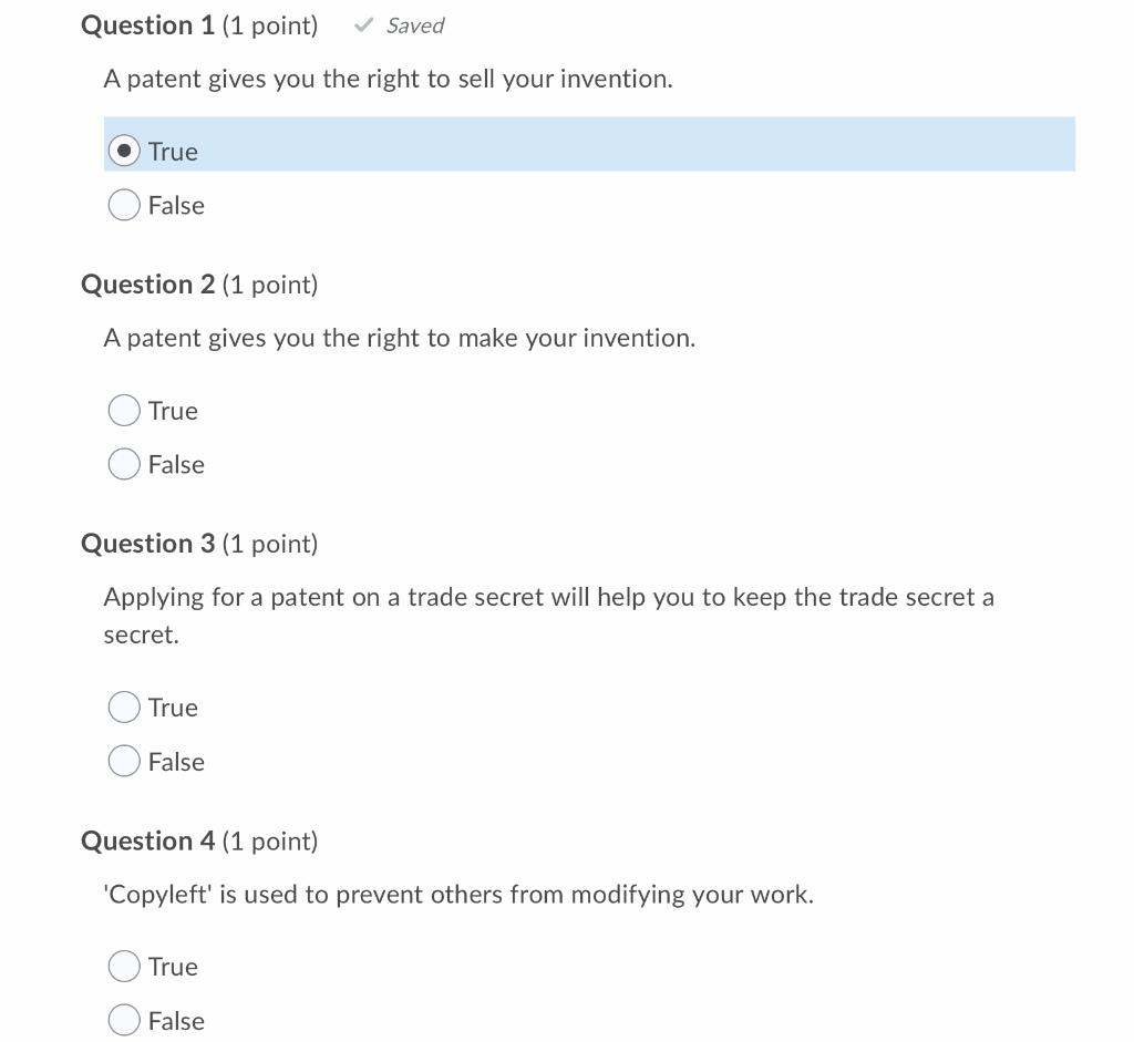 Solved Question 1 (1 point) Saved A patent gives you the | Chegg.com
