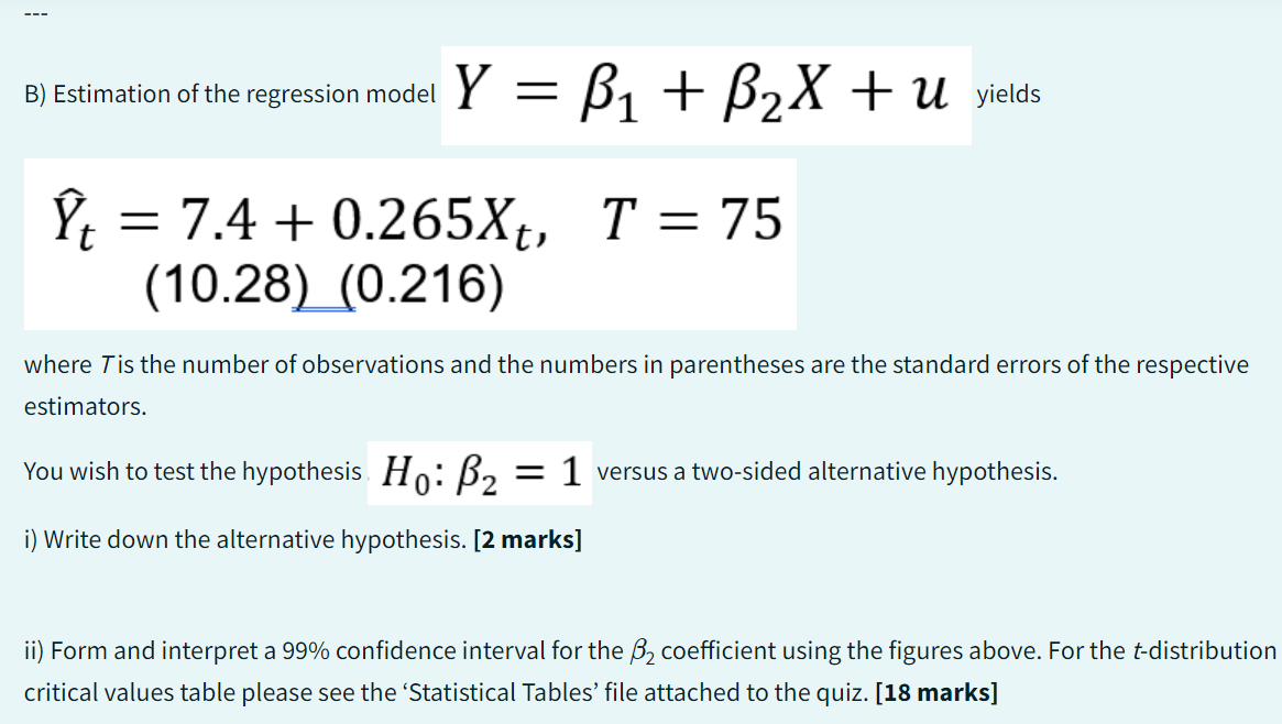 Solved в) Estimation of the regression model Y=β1+β2X+u | Chegg.com