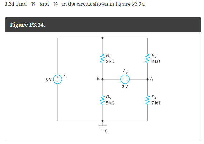 Solved 3.34 Find V1 and V2 in the circuit shown in Figure | Chegg.com