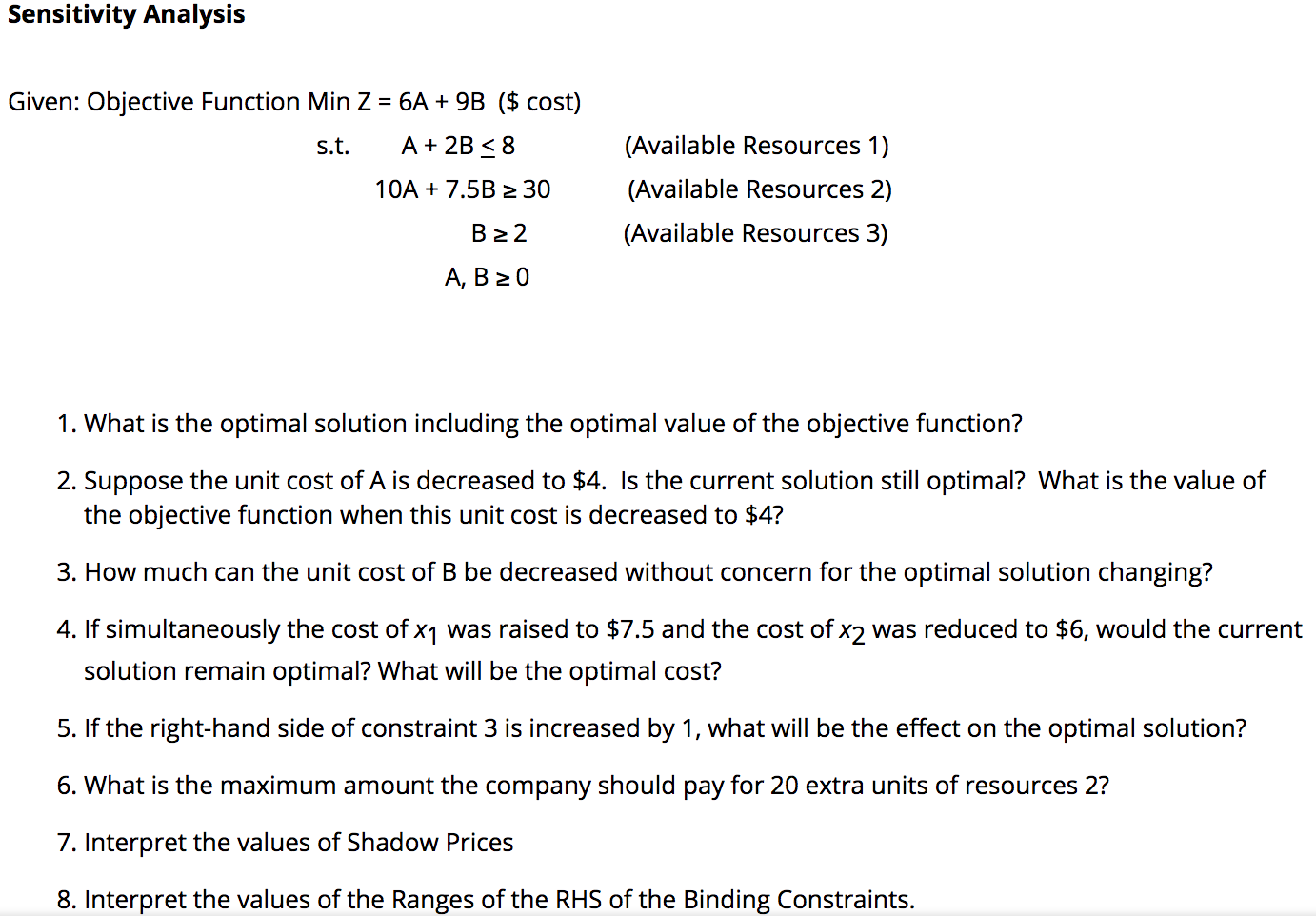 Solved Sensitivity Analysis Given: Objective Function Min Z | Chegg.com