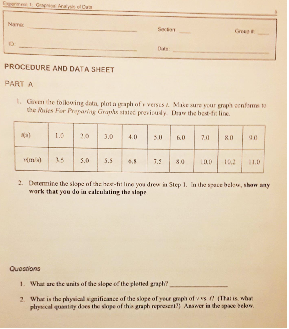 Solved EXPERIMENT 1 GRAPHICAL ANALYSIS OF DATA PURPOSE In an | Chegg.com
