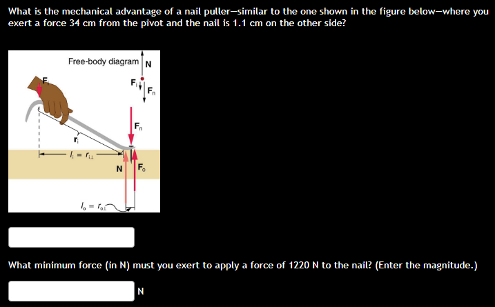 What is the mechanical advantage of a nail puller-similar to the one shown in the figure below-where you exert a force \( 34