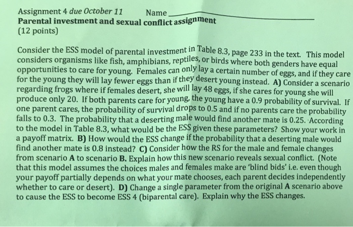 Assignment 4 due October 11 Name Parental investment | Chegg.com