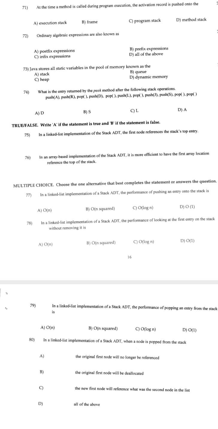 Solved 71) At the time a method is called during program