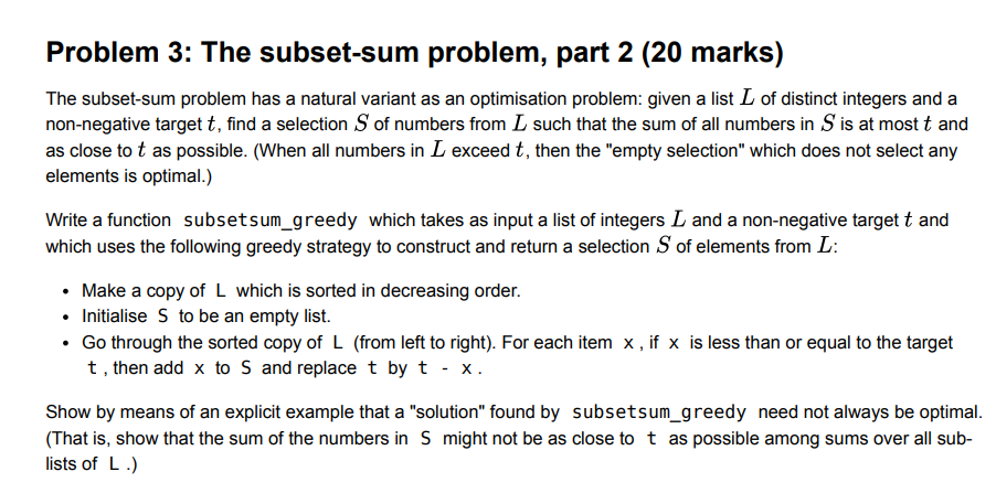 Solved Problem 3: The subset-sum problem, part 2 (20 marks) | Chegg.com