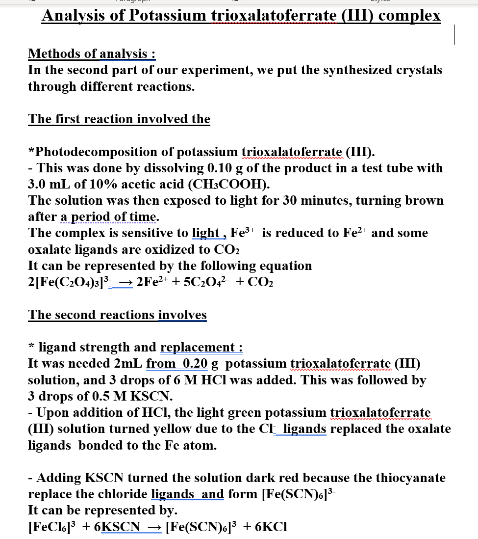 Analysis of Potassium trioxalatoferrate (III) complex | Chegg.com