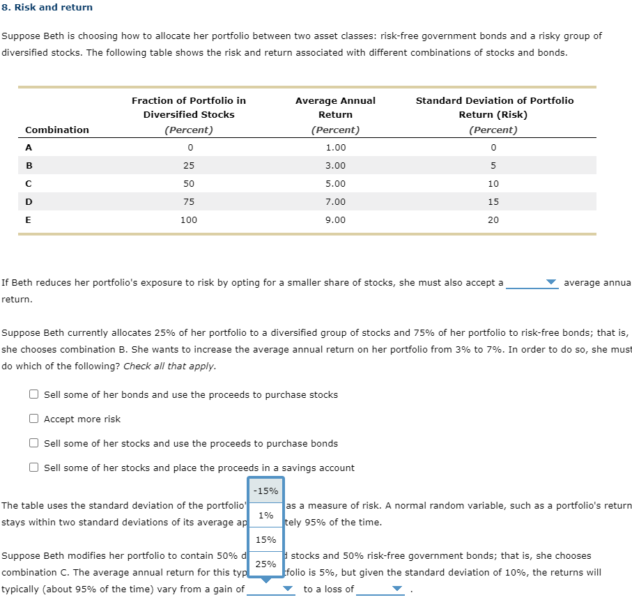 Solved 8. Risk And Return Suppose Beth Is Choosing How To | Chegg.com