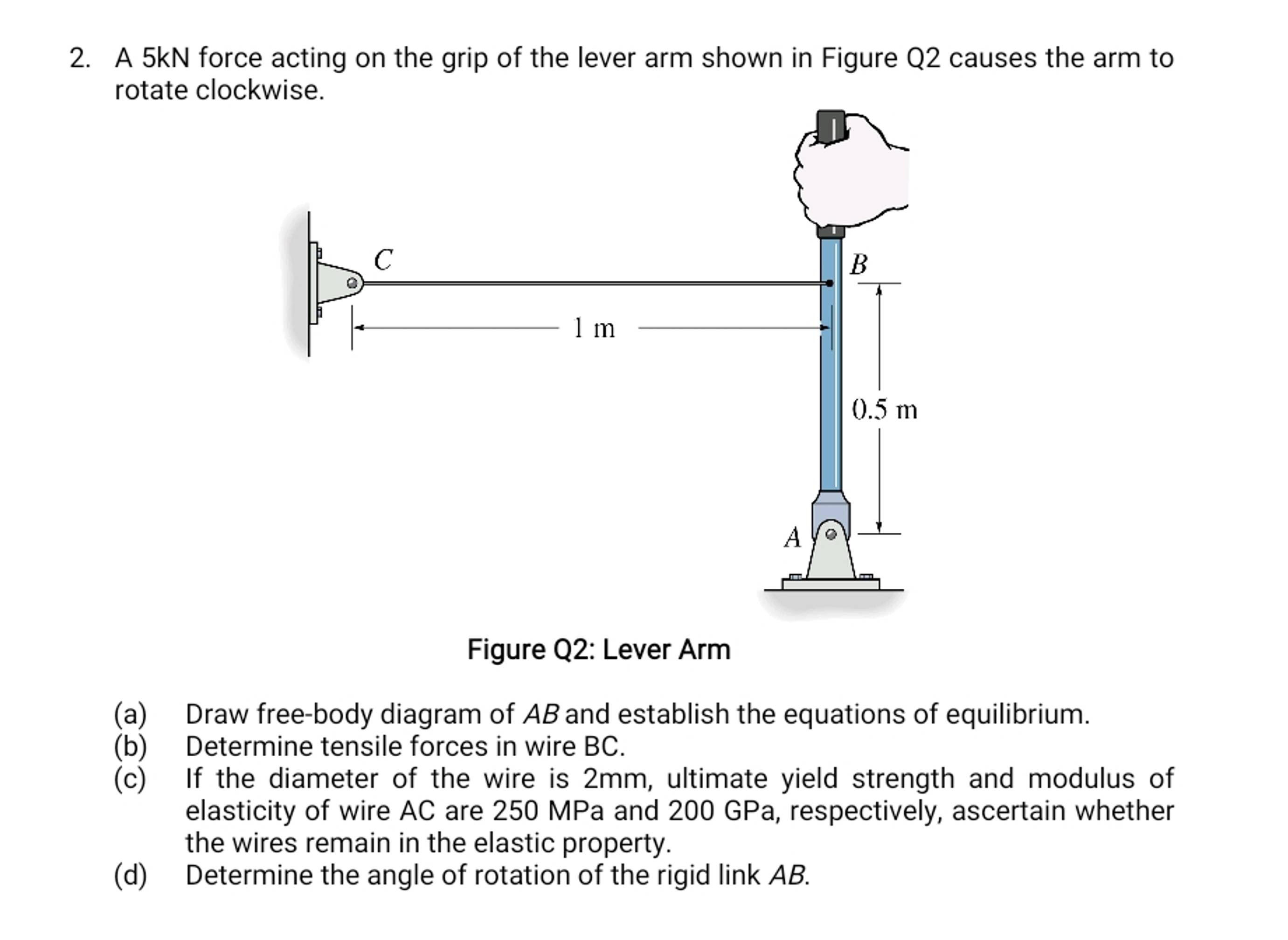 Solved 5kN force acting on the grip of the lever arm shown | Chegg.com