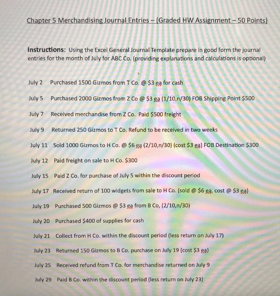 Solved Chapter 5 Merchandising Journal Entries – (Graded HW | Chegg.com