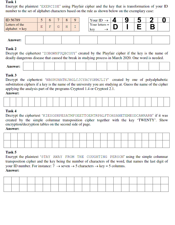 Solved Task 1 Encrypt The Plaintext 'EXERCISE' Using | Chegg.com