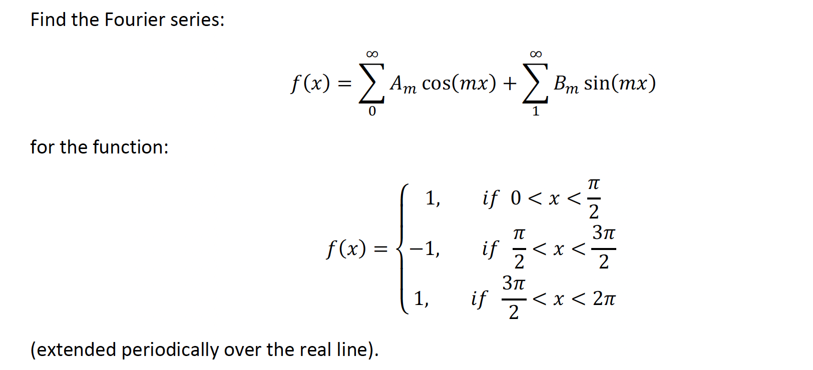 Solved Find the Fourier series: 00 oo f(x) = X Am cos(mx) + | Chegg.com