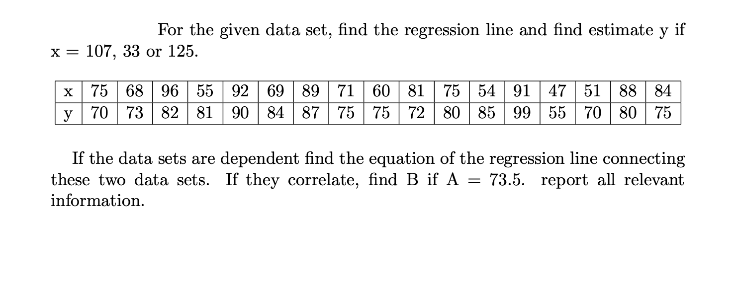Solved For the given data set, find the regression line and | Chegg.com