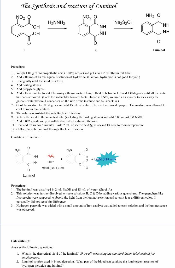 Solved NH2O The Synthesis and reaction of Luminol NO2 O NO2 | Chegg.com